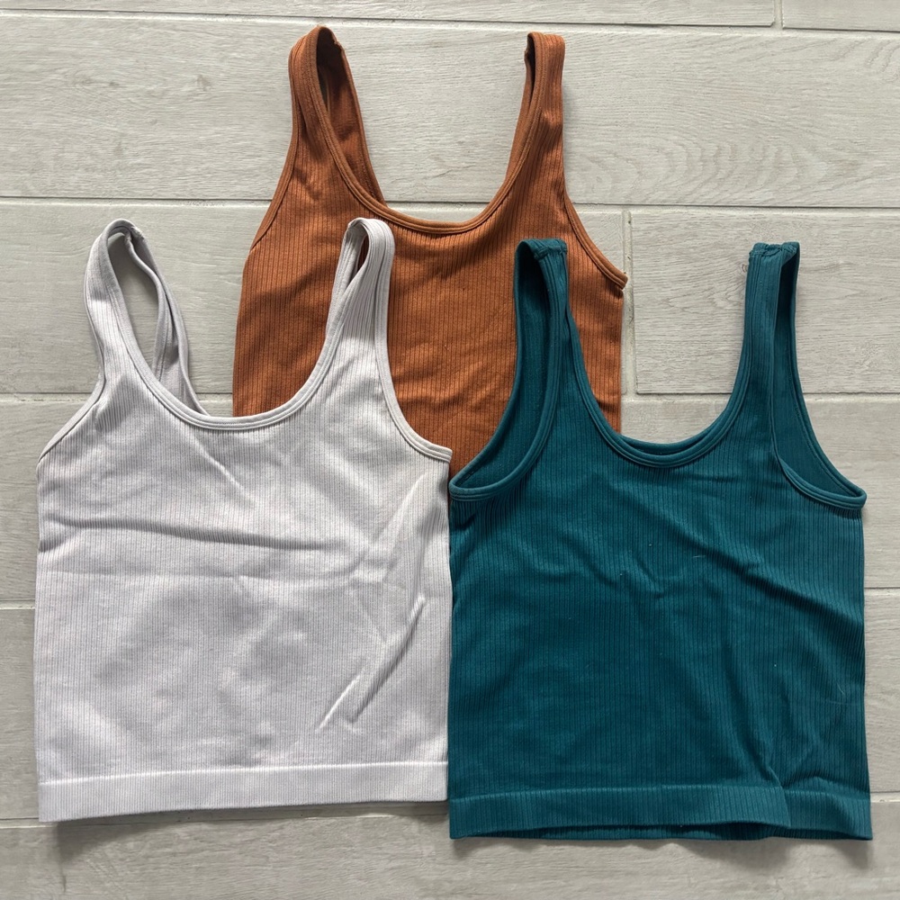 Women's Ribbed Scoop Tank Top - White, Teal & Rust - 3-Pack